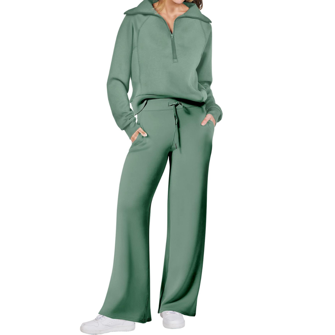 Hazel - Cozy Zip-Up Wide Leg Sweatsuit Set