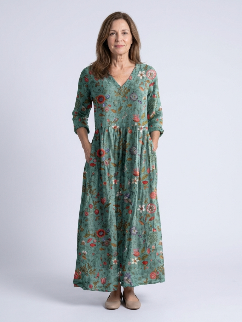 Neri - Floral V-Neck Sleeve Maxi Dress