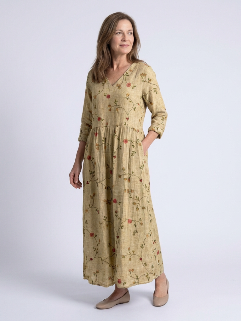 Neri - Floral V-Neck Sleeve Maxi Dress