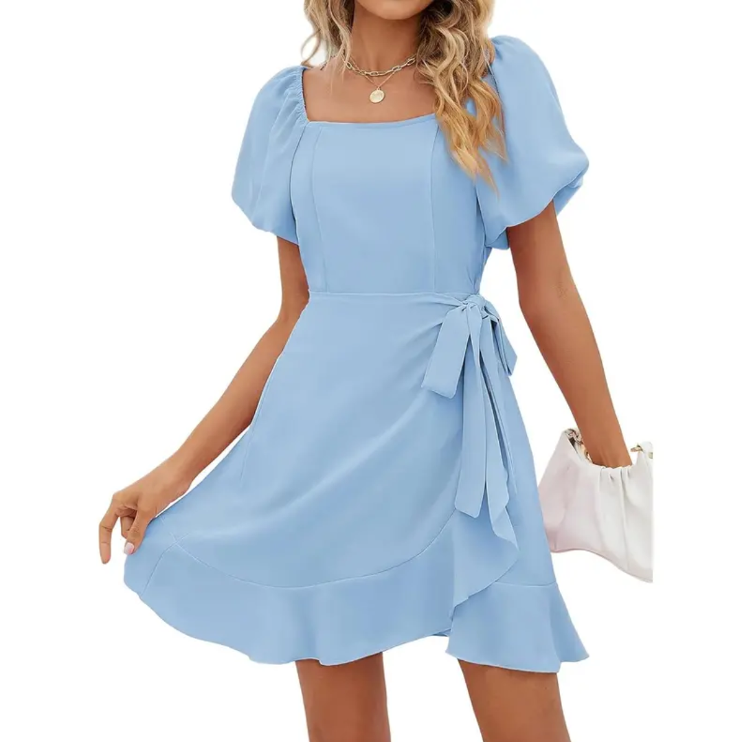 Jonalie - Square Neck Puff Sleeve Tie Waist Summer Dress
