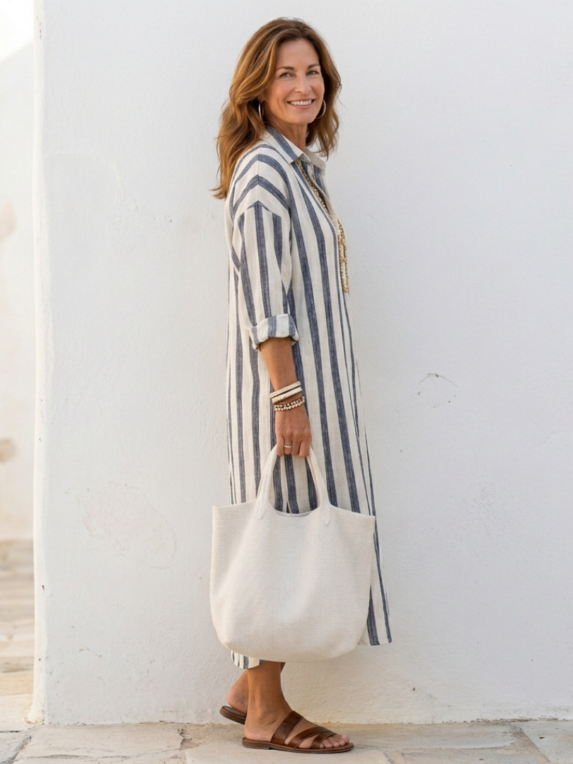 Neri - Long Sleeve Striped Midi Shirt Dress