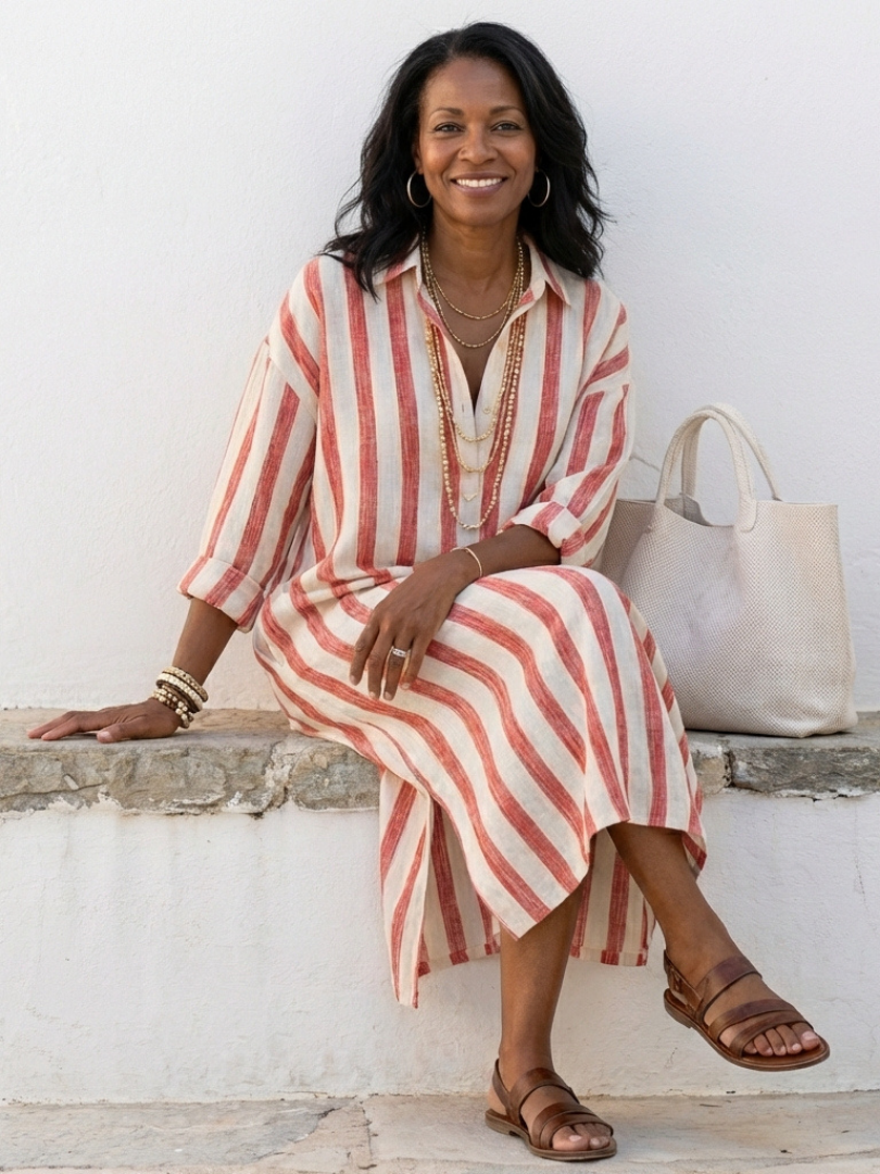 Neri - Long Sleeve Striped Midi Shirt Dress