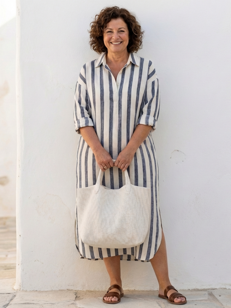 Neri - Long Sleeve Striped Midi Shirt Dress