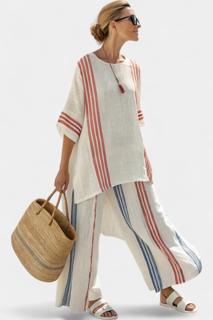 Vicky – Sophisticated Multicolored Striped Top and Mediterranean Pants