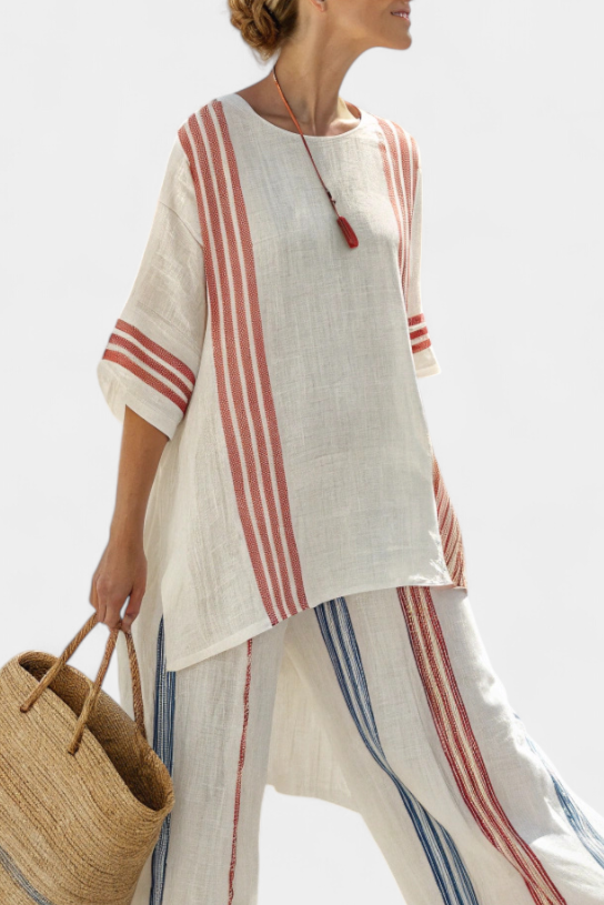 Vicky – Sophisticated Multicolored Striped Top and Mediterranean Pants