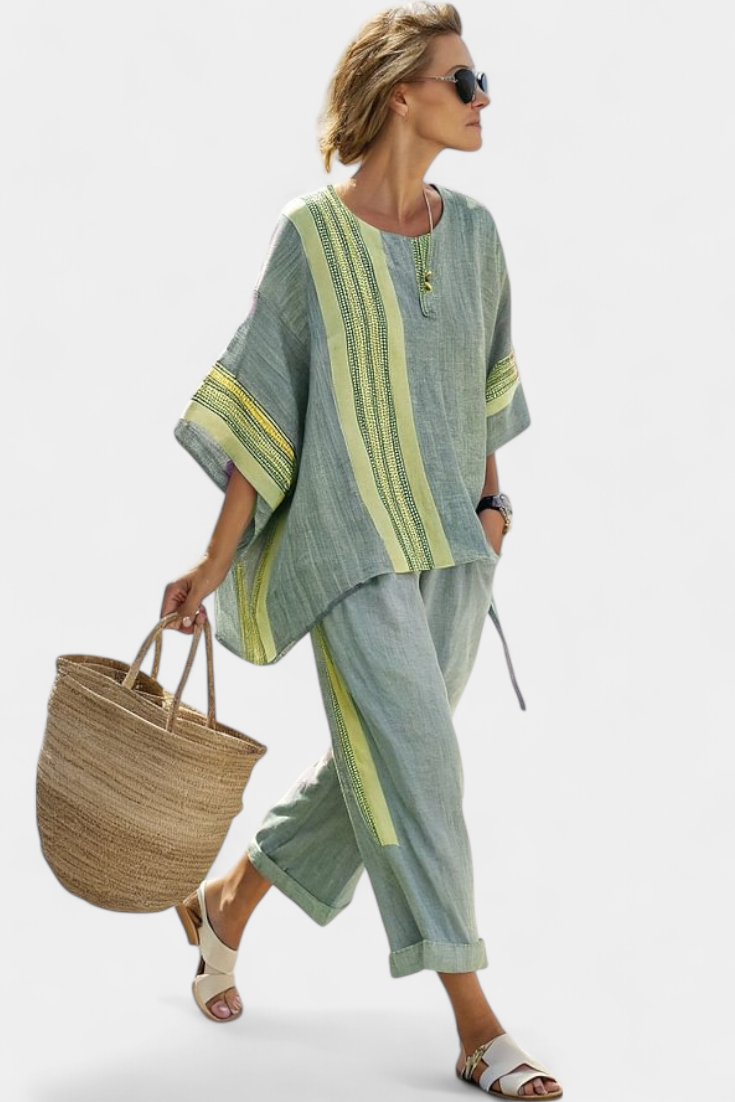 Denisse – Elegant Lavender Top and Mustard-Striped Pants