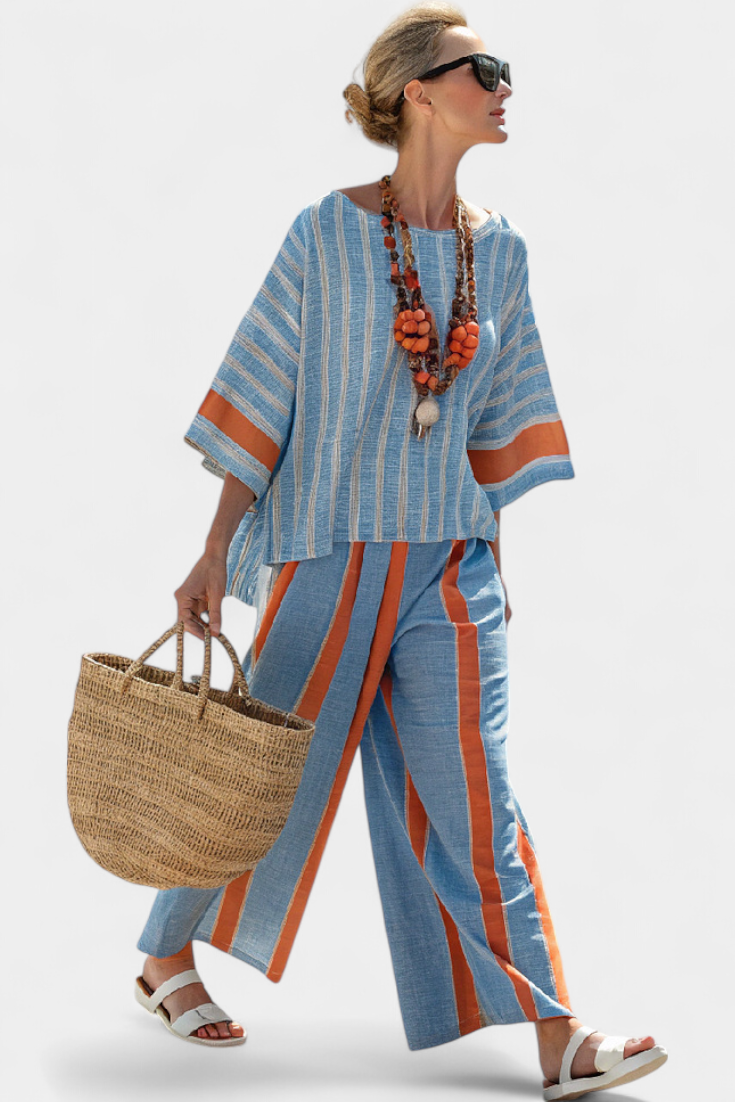 Ria – Sophisticated Terracotta Striped Top and Linen Pants