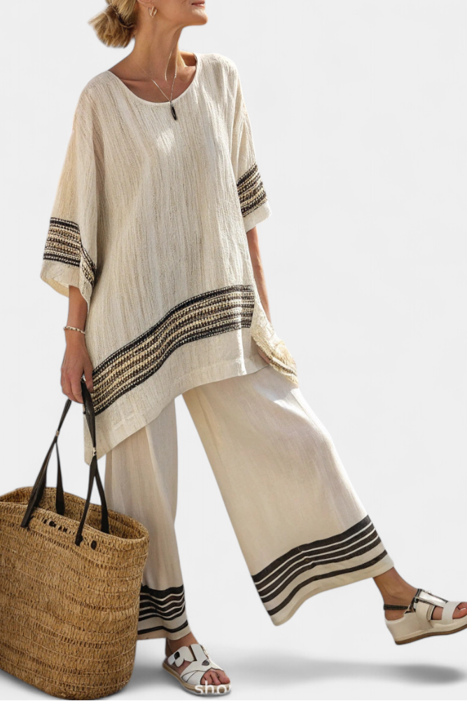 Marie – Elegant Black Striped Linen Top and Flowing Pants