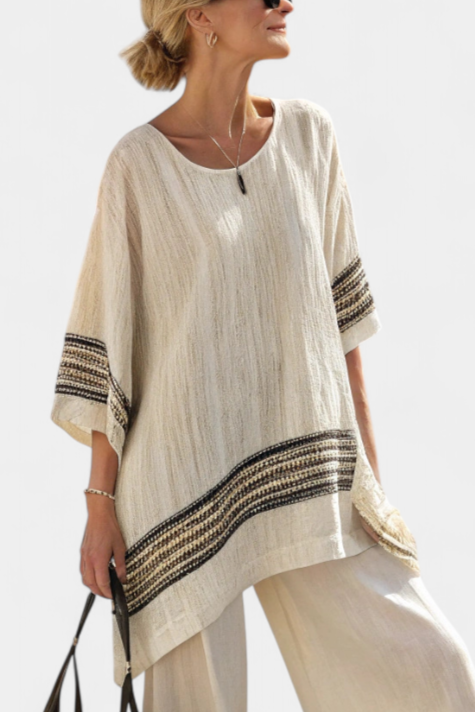 Marie – Elegant Black Striped Linen Top and Flowing Pants
