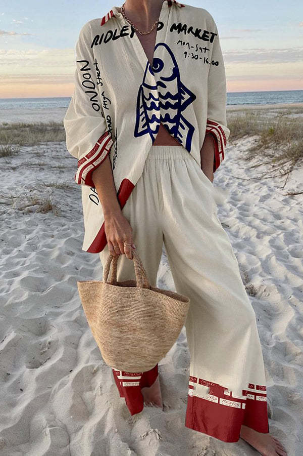 Suzy – Blue Fish Print Linen Set