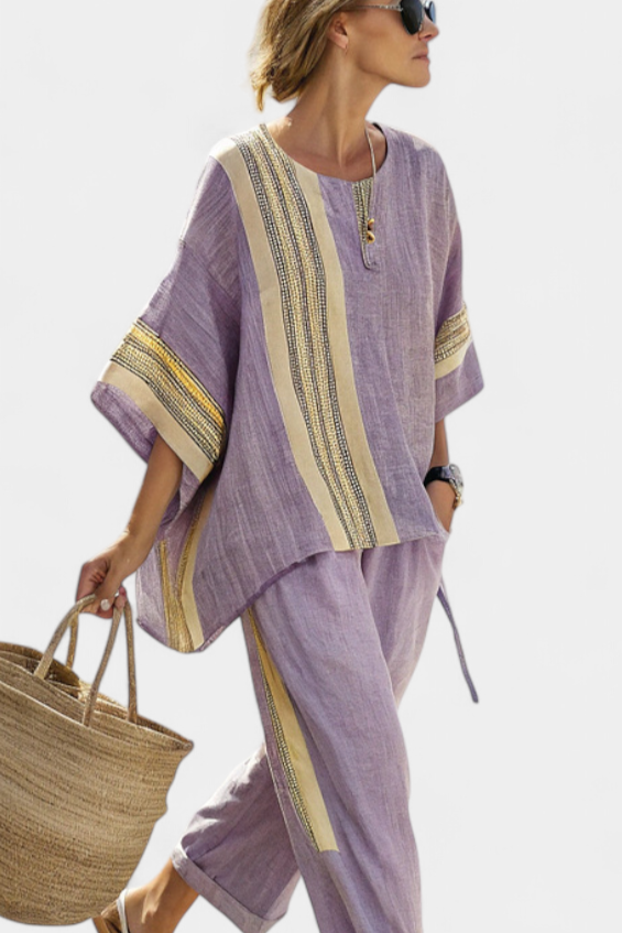 Denisse – Elegant Lavender Top and Mustard-Striped Pants