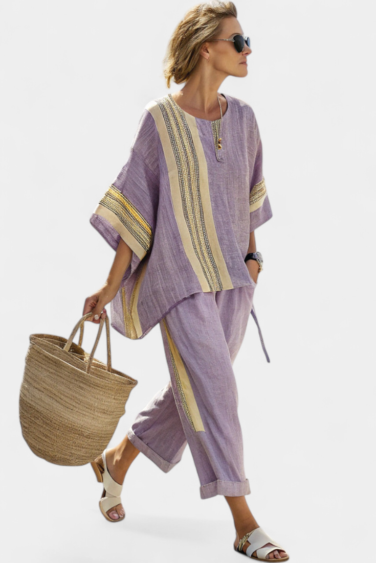 Denisse – Elegant Lavender Top and Mustard-Striped Pants