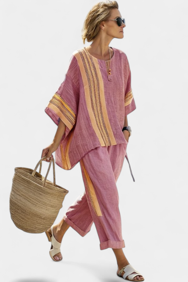 Denisse – Elegant Lavender Top and Mustard-Striped Pants