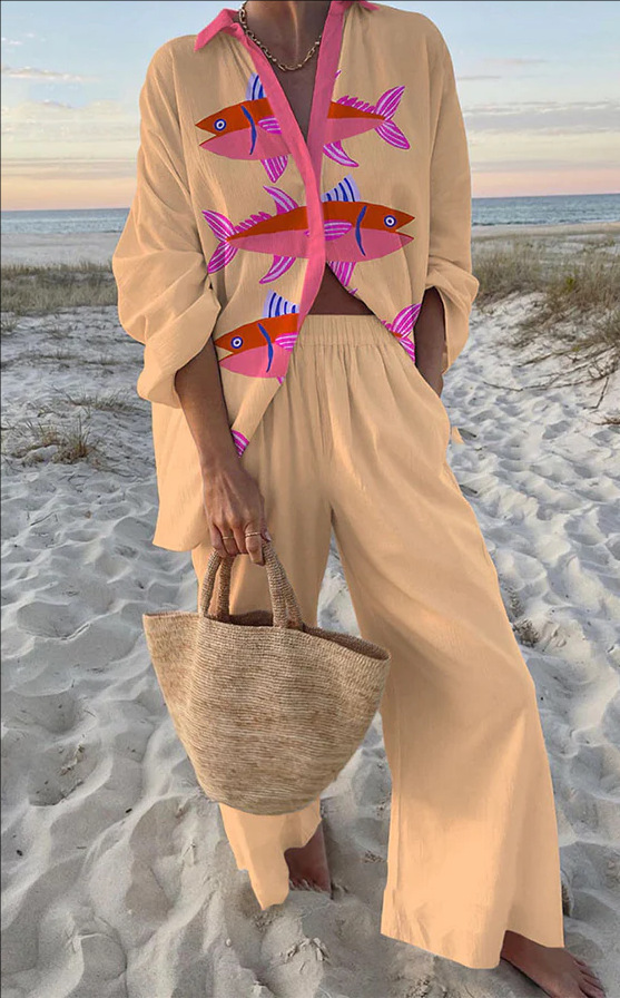 Issa – Pink Fish Print Linen Set