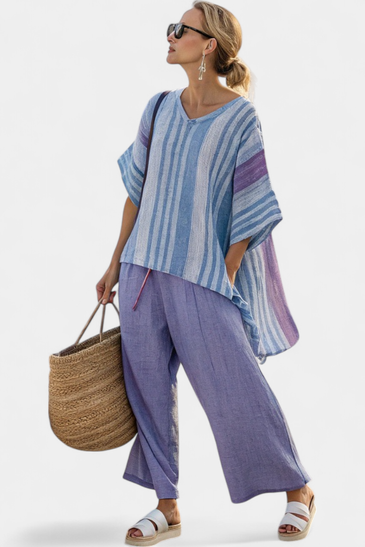 Charlotte – Elegant Lavender and Sky Blue Top and Linen Pants