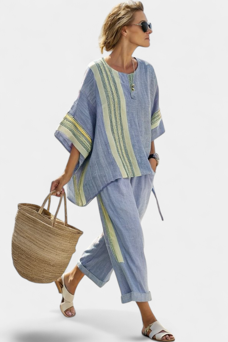 Denisse – Elegant Lavender Top and Mustard-Striped Pants
