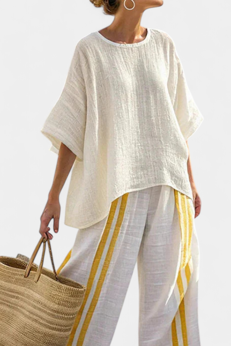 Aria – Elegant Yellow Striped Linen Top and Wide-Leg Pants