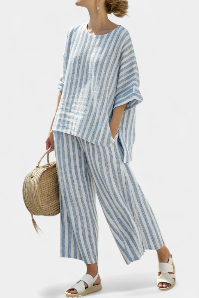 Ricca – Sophisticated Blue Striped Linen Top and Relaxed Pants