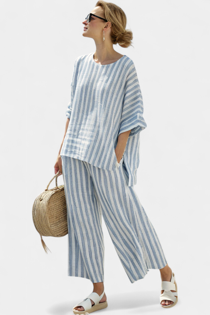 Ricca – Sophisticated Blue Striped Linen Top and Relaxed Pants
