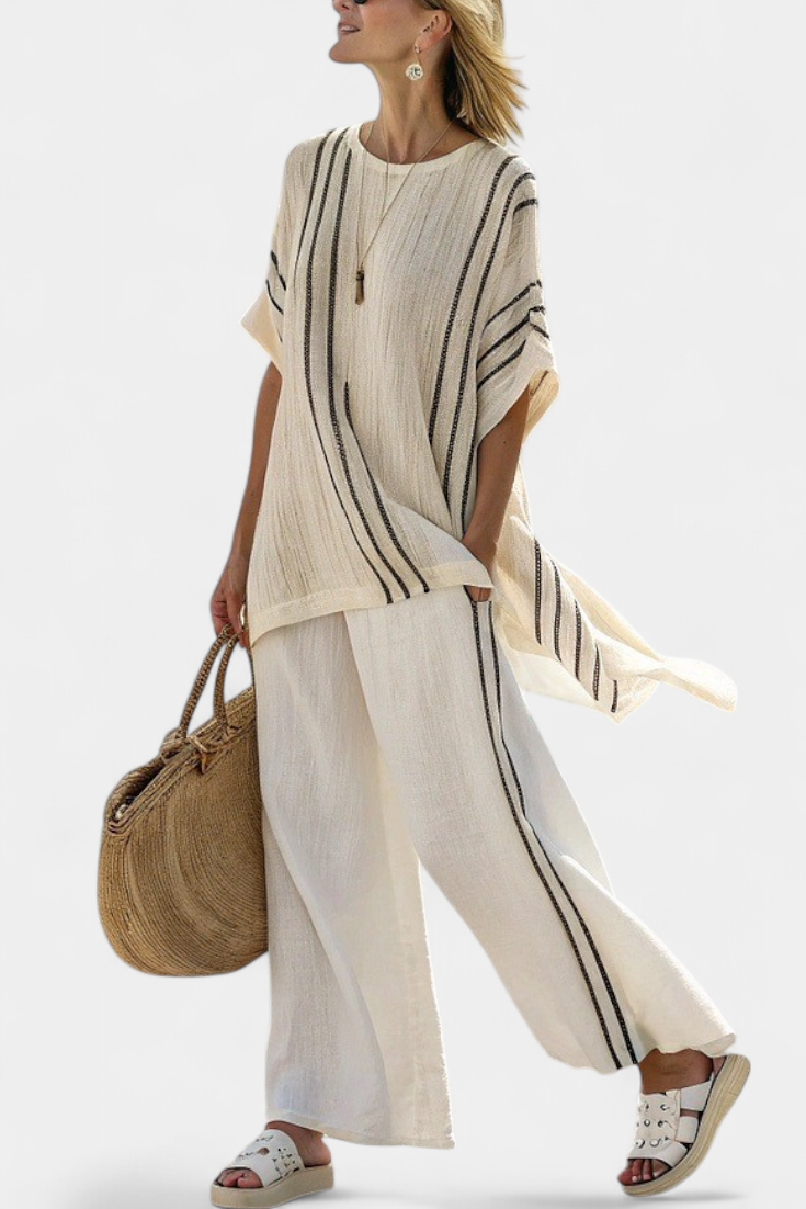 Raffa – Elegant Ivory Linen Blouse and Black Striped Pants