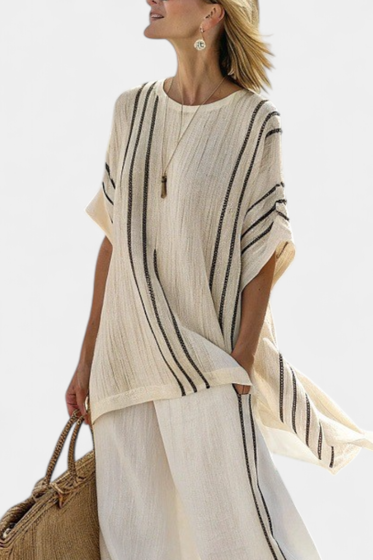 Raffa – Elegant Ivory Linen Blouse and Black Striped Pants