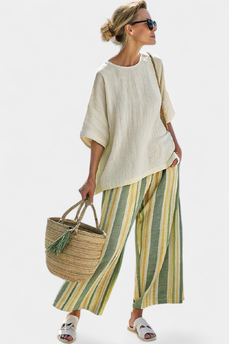 Kate – Sophisticated Top and Striped Linen Pants