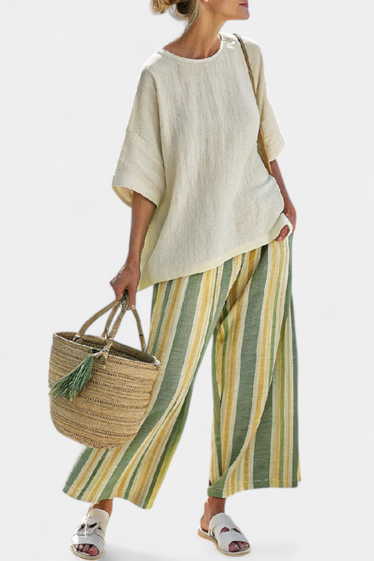 Kate – Sophisticated Top and Striped Linen Pants