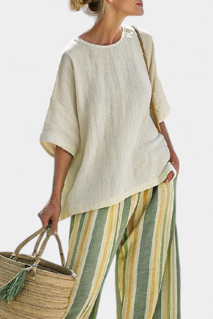 Kate – Sophisticated Top and Striped Linen Pants