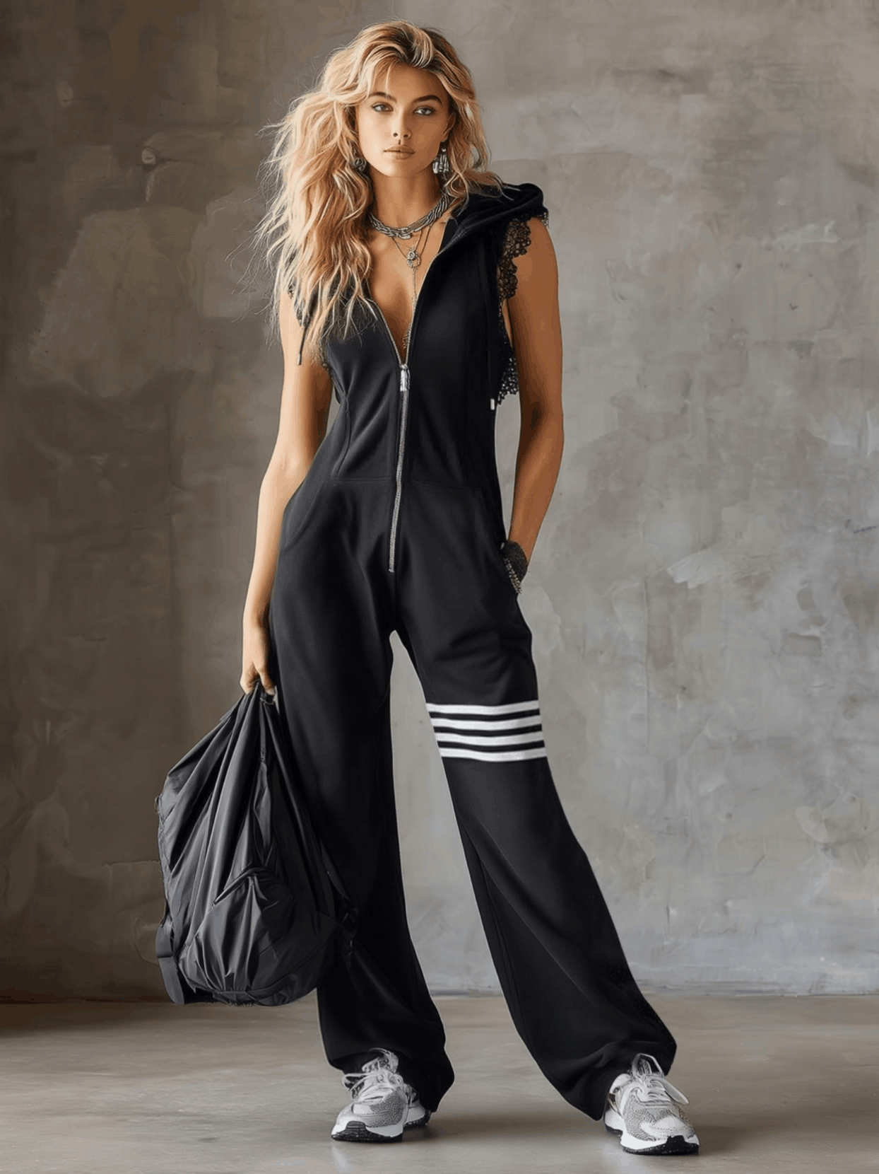 Evira - Retro Sports Jumpsuit with Hood and Stripes