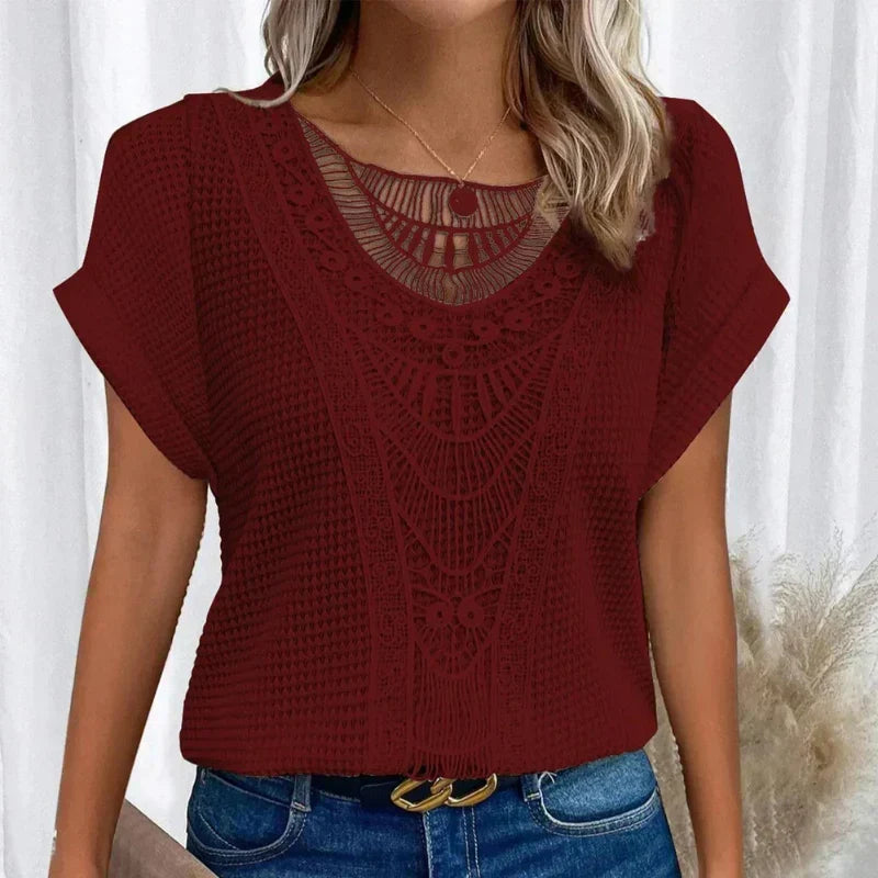 Ariana - Top with Round Neck and Lace Trim