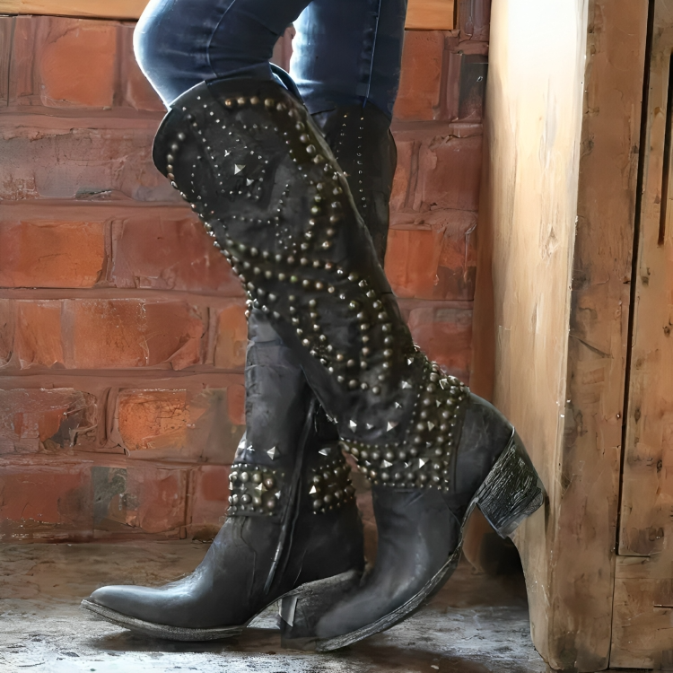 Valerie - Studded Western Knee-High Boots