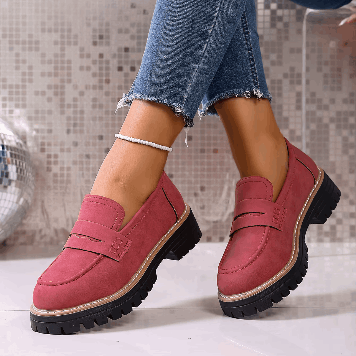 Mazie - Suede Platform College Loafers