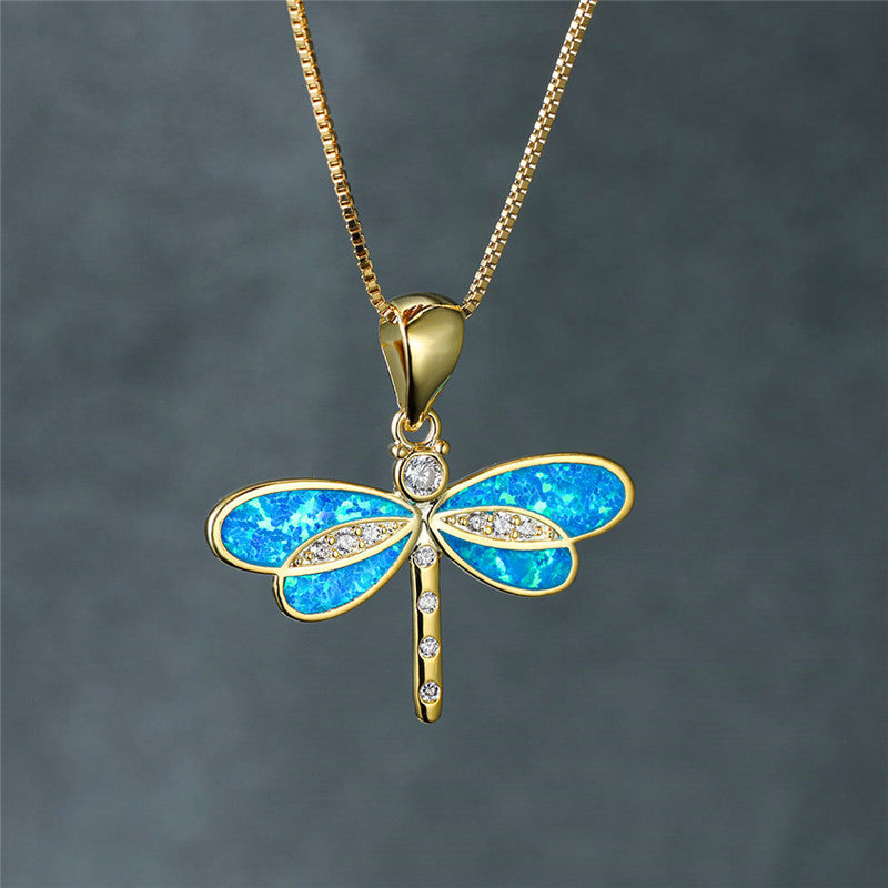 Thea – Gold Necklace with Dragonfly Pendant and Opal