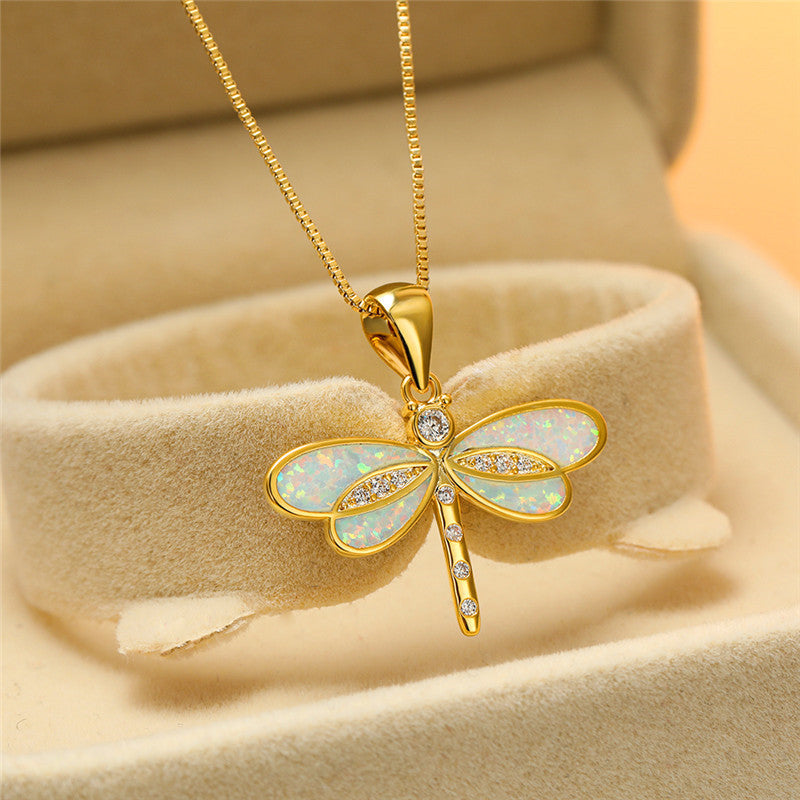 Thea – Gold Necklace with Dragonfly Pendant and Opal