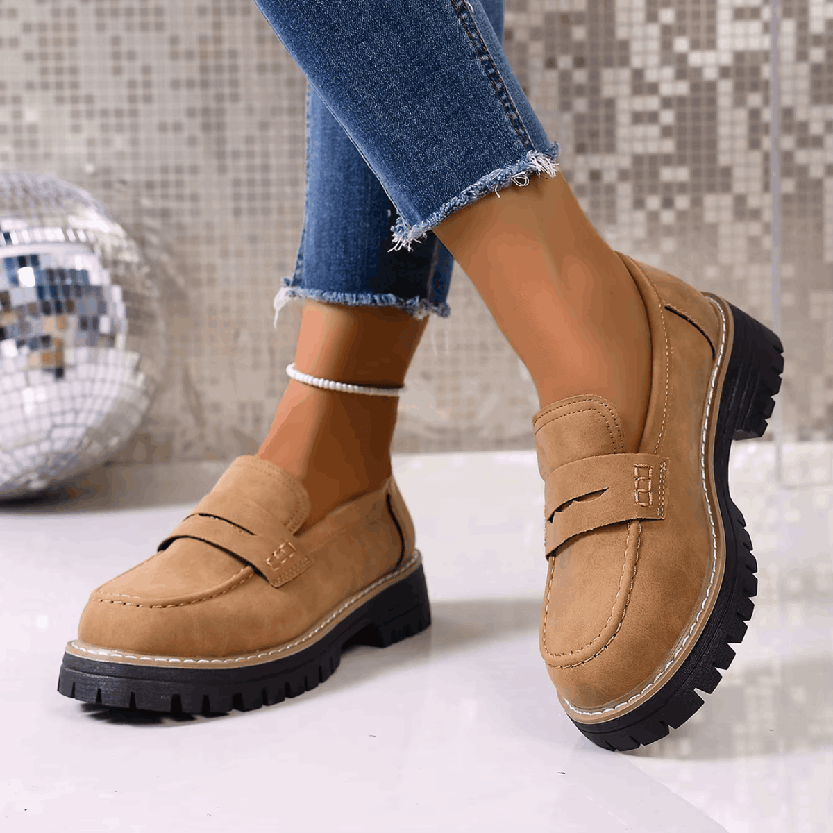 Mazie - Suede Platform College Loafers