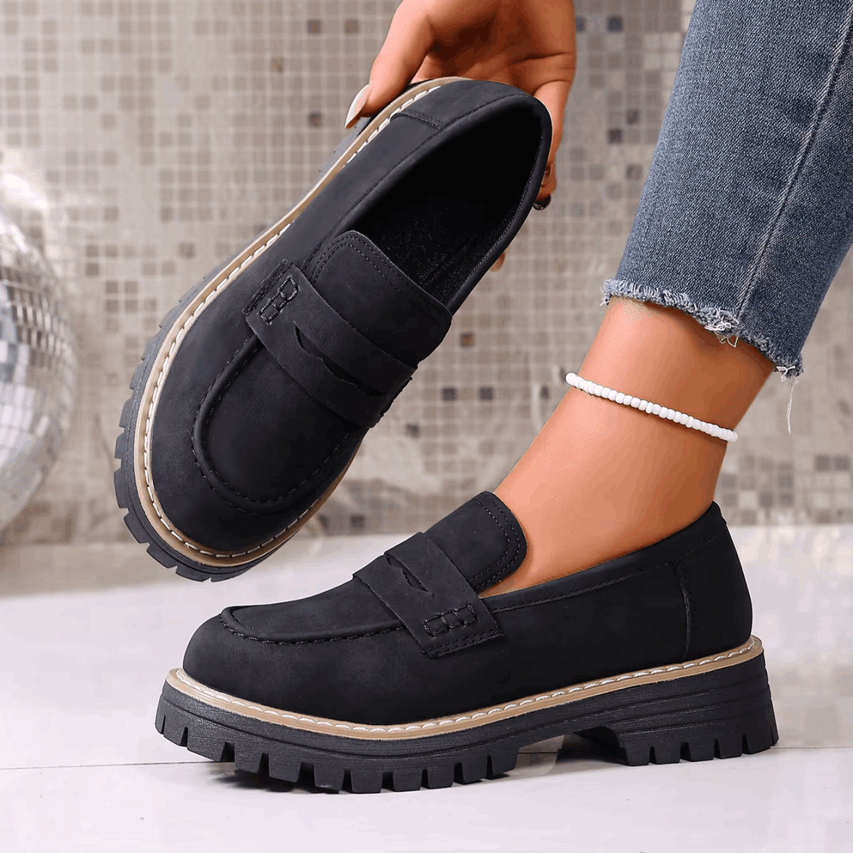 Mazie - Suede Platform College Loafers