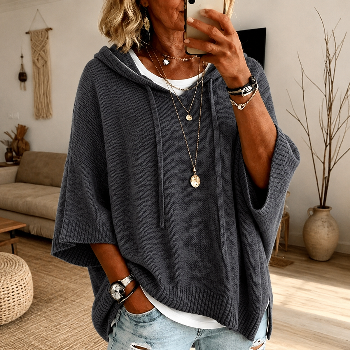 Paola - Charcoal Hooded Poncho Sweater