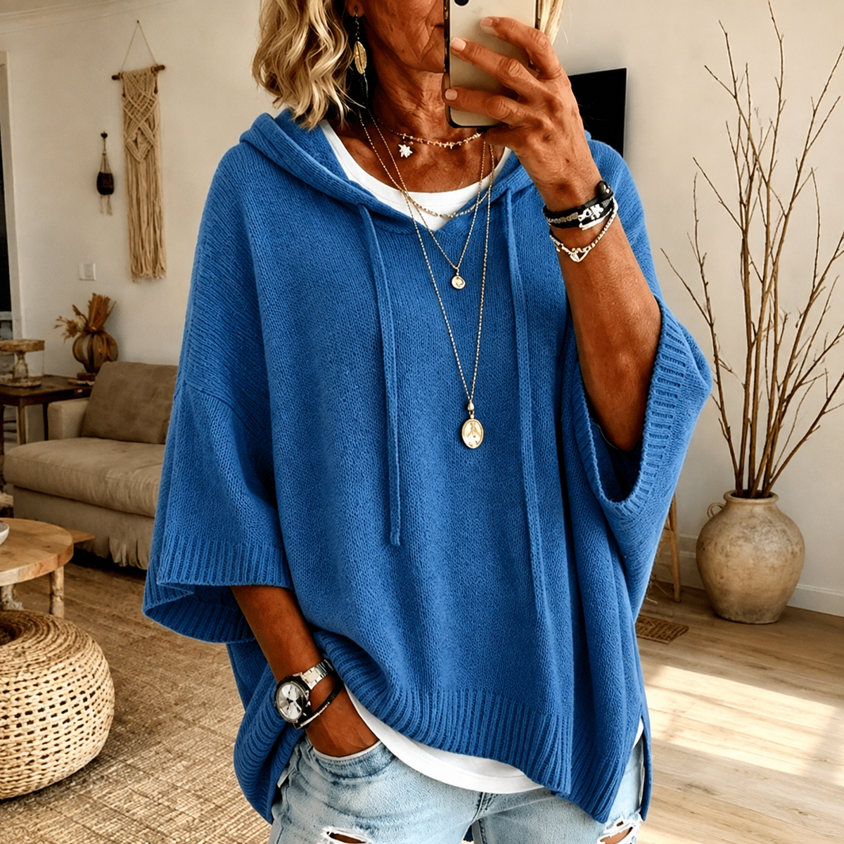 Mavis - Blue Hooded Poncho Sweater
