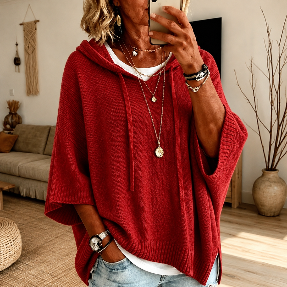 Brea - Red Hooded Poncho Sweater