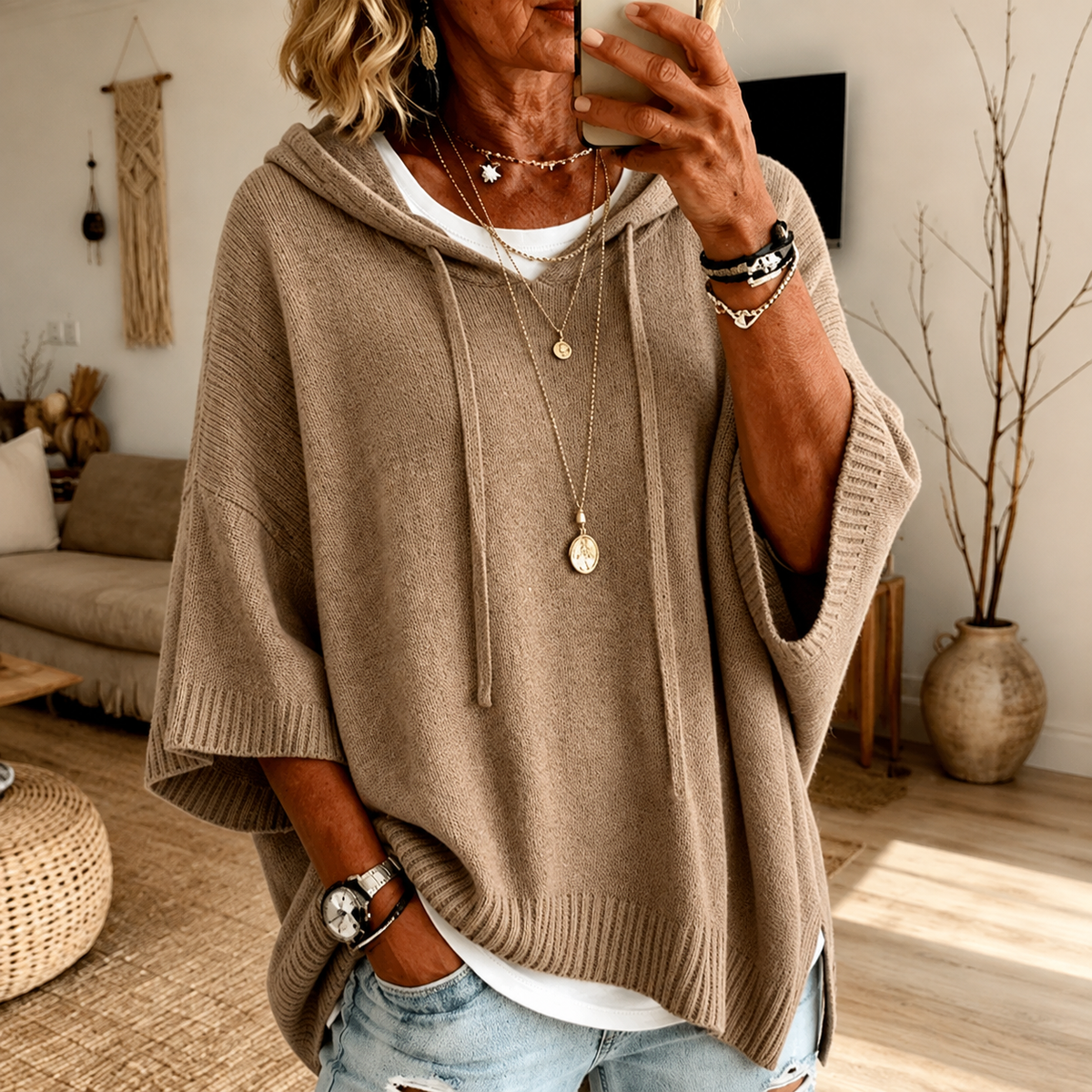 Marleigh - Taupe Hooded Poncho Sweater