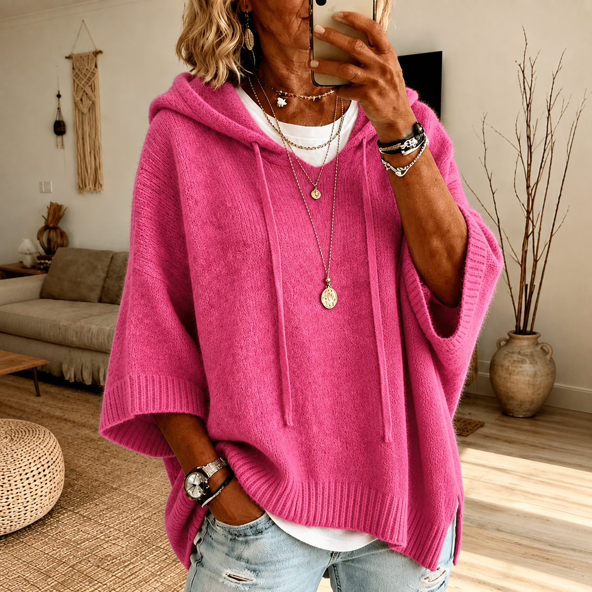 Cora - Pink Hooded Poncho Sweater