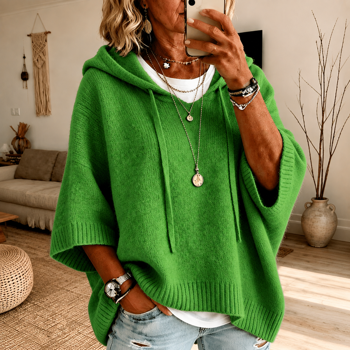 Mariah - Green Hooded Poncho Sweater