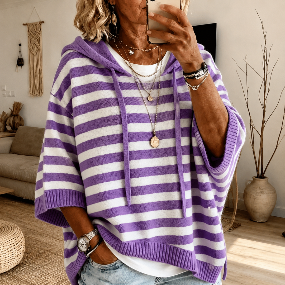 Gemma - Purple Striped Hooded Poncho Sweater