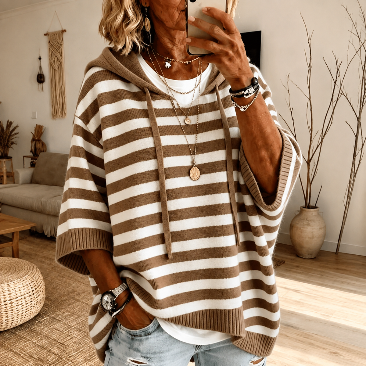 Hazel - Taupe Striped Hooded Poncho Sweater