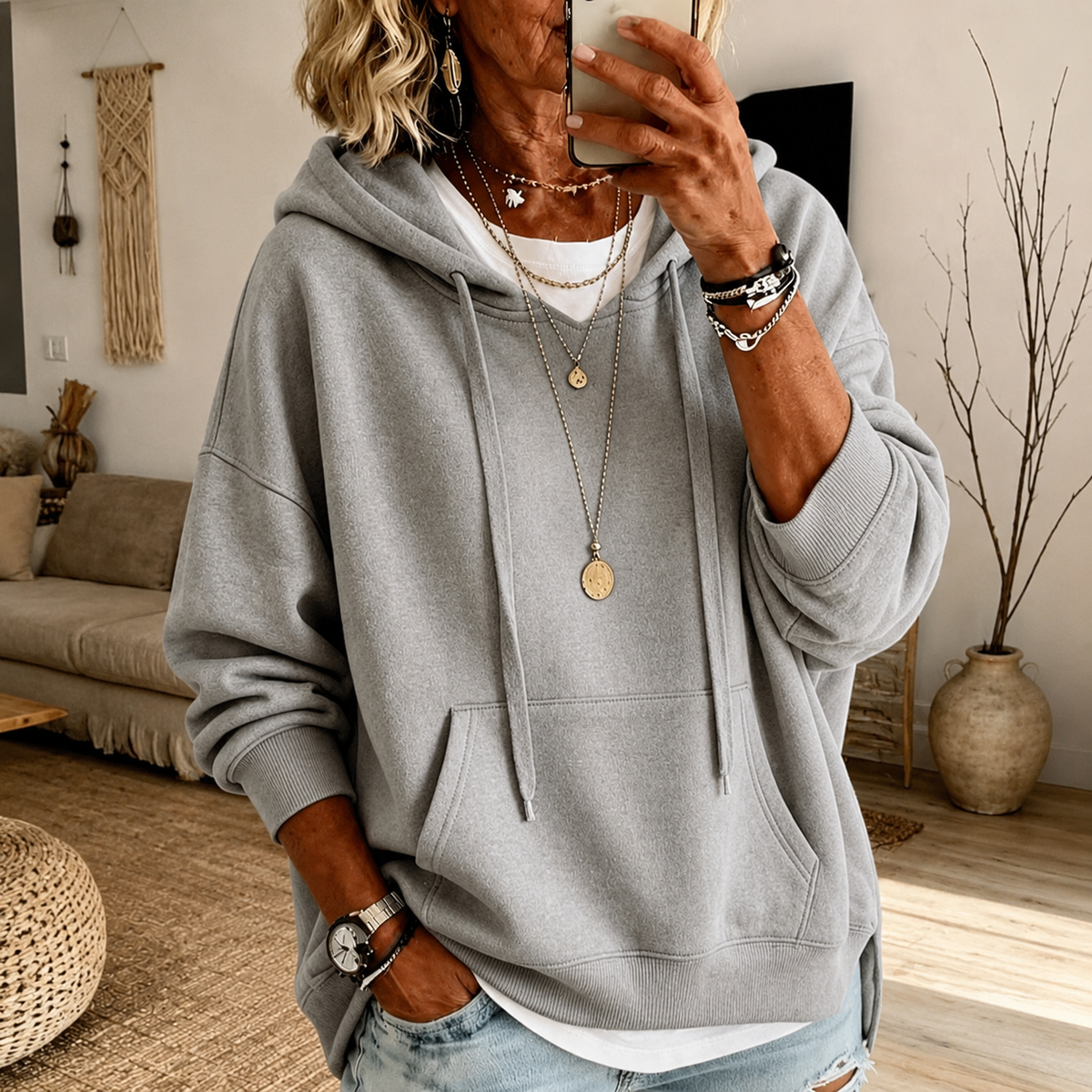 Calista - Light Gray Oversized Hooded Sweater