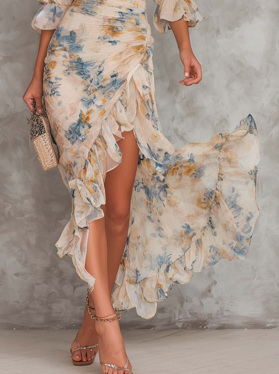 Useya - Beige Turtleneck Oil Painting Floral Print Chiffon Maxi Dress