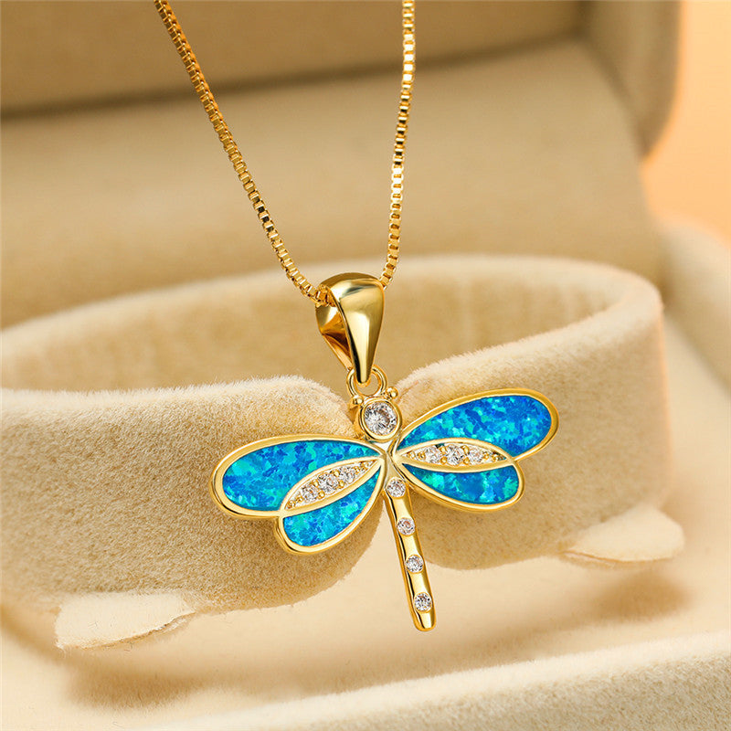 Thea – Gold Necklace with Dragonfly Pendant and Opal