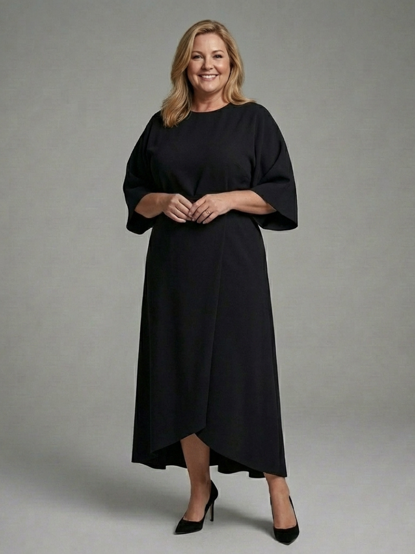 Sirenna - Asymmetrical Midi Dress With Cape Sleeve And Defined Waist