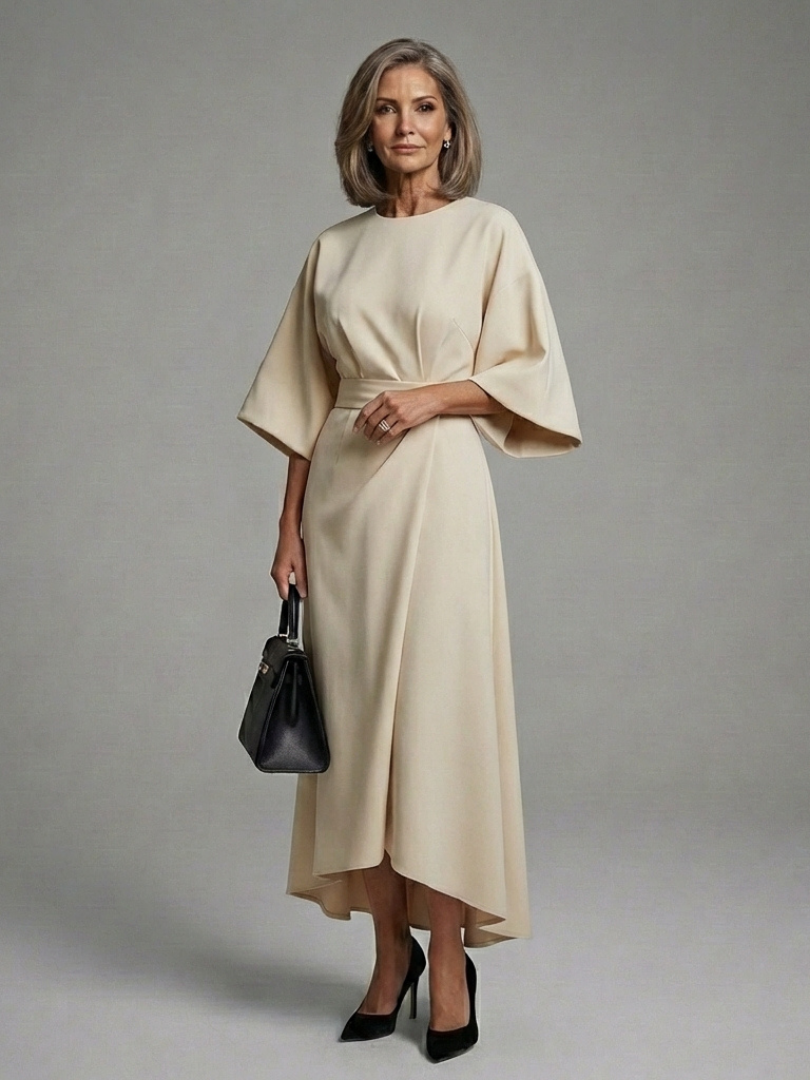 Sirenna - Asymmetrical Midi Dress With Cape Sleeve And Defined Waist