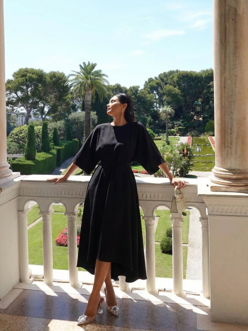 Sirenna - Asymmetrical Midi Dress With Cape Sleeve And Defined Waist